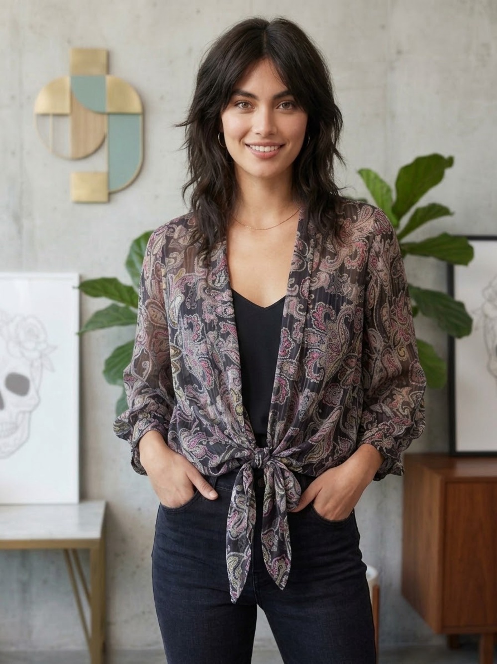 Free People Paisley Sheer Tie-Front Blouse in Black and Pink